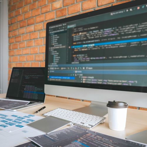 Tool of Professional Developer programmer working a software website design and coding technology, writing codes and database in company office, Global cyber connection technology.